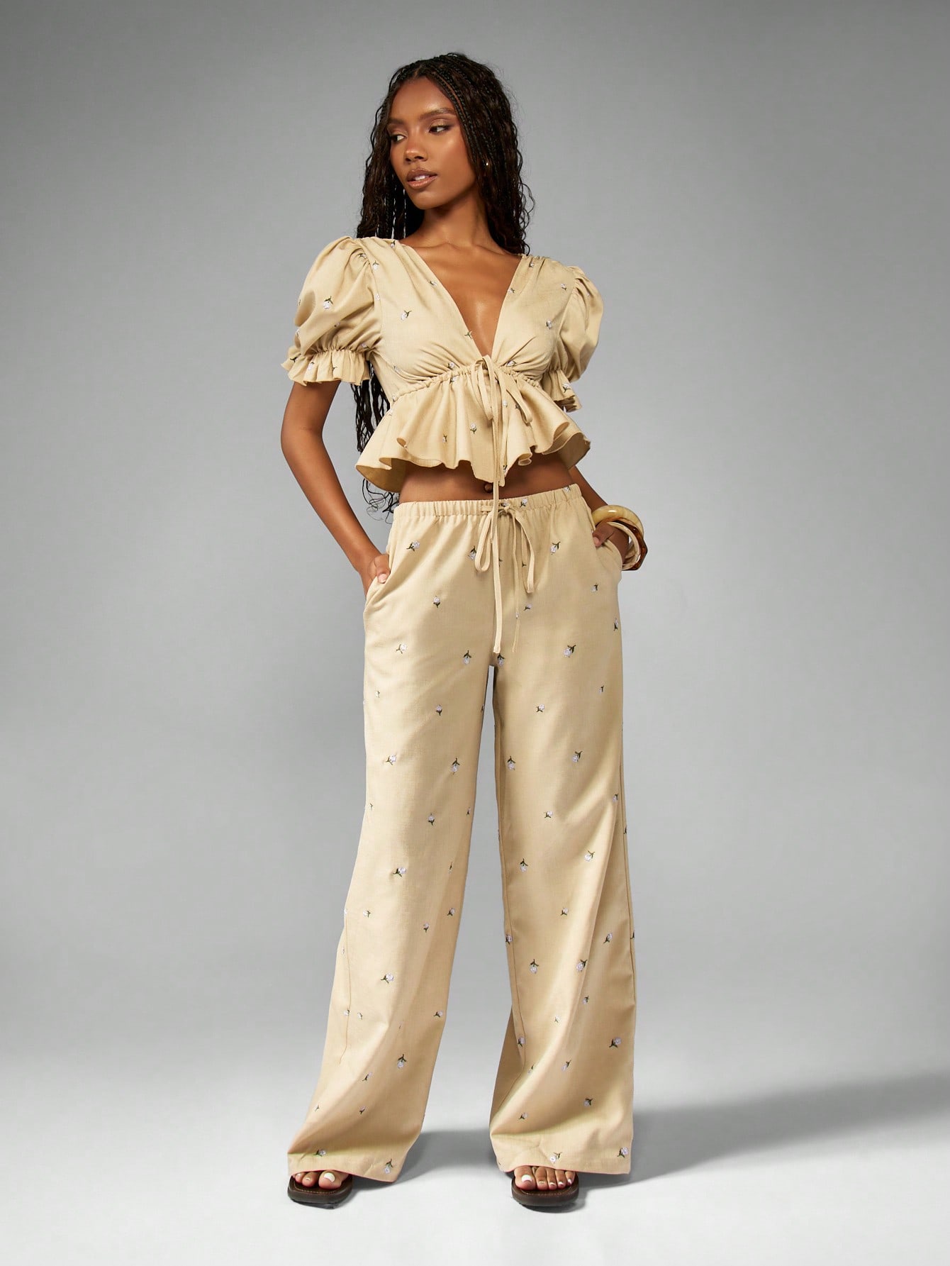 Fabulous Ruched Puff Sleeve Wide Leg Co ord Set main image 1