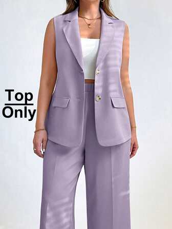SHEIN Essnce Ropa de mujer para verano y otoño, ropa de mujer de negocios, ropa de mujer con estilo informal y casual, ropa para ir a la oficina o de vacaciones, chaquetas sin mangas de un solo pecho de unicolor para mujer, blazers de otoño, blazers de mujer - tallas grandes