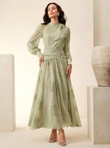Anewsta Elegant Embroidered Beaded Dress With Waist Cinching And Flared Skirt - Green - View 5