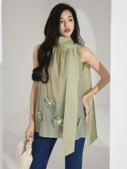 Heiryn 女士纯色3D花卉装饰无袖时尚衬衫