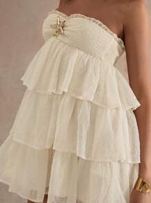 Glamine 女士夏季纯色露肩海星装饰蛋糕短裙、夏季、女士连衣裙、女士度假装、褶边连衣裙、飘逸短裙、爱与柠檬水连衣裙、层叠荷叶边连衣裙、奶油色连衣裙、女士白色连衣裙 - 杏色 - 查看 8