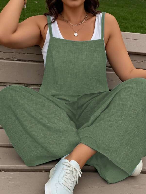 EMERY ROSE Plus Size Denim Effect Textured Square Neck Casual Jumpsuit