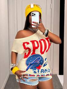 Slaydiva 2025 Spring Summer New Casual Street Cute Summer Top, Red White Blue Y2K Women Club Sexy Country Concert Streetwear Plus Size Summer Beach Graphic Tee, 4th Of July Asymmetrical Neck Fitted Niche Slogan Print Knit T-Shirt