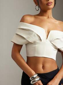 Hauture Áo crop top hở vai xếp ly thanh lịch gợi cảm mùa hè công sở - Màu be - Xem 6