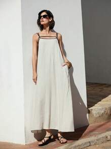 Ontre Damen Leinen Exklusivkleid für alle Jahreszeiten, lässiges Pendelkleid mit Träger und Rückenausschnitt, schwarzes Trägerkleid