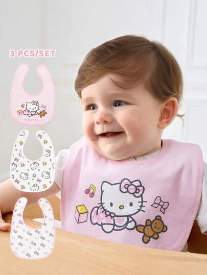 HELLO KITTY AND FRIENDS | SHEIN 3pcs/Pack Soft Solid Color Snap Button Closure Baby Bibs, Absorbent Drool Bib For Infants & Toddlers, Unisex