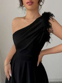 Modelyn French Retro Mori Style Ultra Chic Asymmetric Neckline Sleeveless Formal Black Dress - Black - View 4