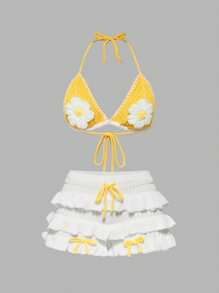 ROMWE Fairycore 度假风格钩针花卉大码女式无袖针织上衣和针织短裙套装