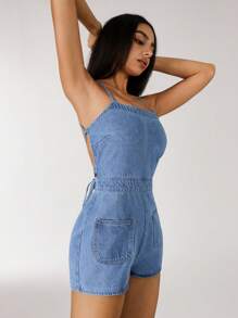 SHEIN ICON 女式夏季露背系带牛仔连体衣 - 藍色 - 查看 3