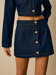 Poéselle 新款女式低腰前扣深蓝色牛仔裙，秋冬返校教师外出商务休闲基本款低腰 - 深色水洗藍 - 查看 3