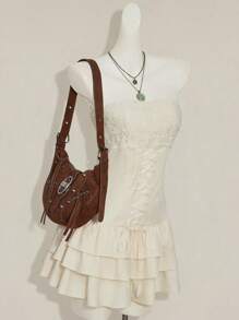 SHEIN ICON Y2k 外出西部波西米亚嬉皮米色露肩荷叶边无袖蕾丝拼布下摆纯色吊带背心连衣裙 - 杏色 - 查看 1