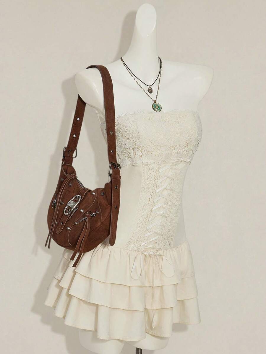 SHEIN ICON Y2k 外出西部波西米亚嬉皮米色露肩荷叶边无袖蕾丝拼布下摆纯色吊带背心连衣裙 - 杏色 - 查看 1