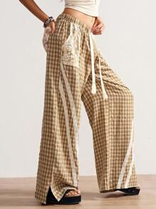 Bohemela Pantalones rectos casuales de mujer de tela escocesa trenzada - Caqui - Ver 5