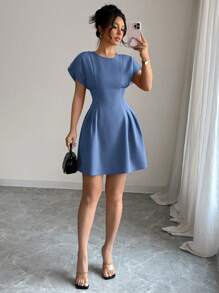 Elenzga Đầm mini cổ tròn tay ngắn thanh lịch màu trơn cho nữ mùa hè - Màu xanh bụi bặm - Xem 5