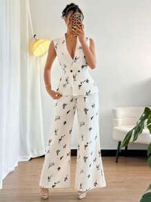 Rafferiza ChicEase 女士数码印花无袖宽松阔腿裤和西装外套套装，休闲工作装 - 杏色 - 查看 5