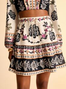 CAJUNI 女式波西米亚风复古热带花卉印花夏季假日休闲系腰荷叶边迷你裙，适合约会、野餐 - 彩色 - 查看 8