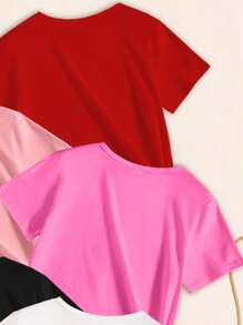 Sparklyn 5pcs Teen Girls' Minimalist Fashion Short Sleeve Round Neck T-Shirt, Suitable For Summer, School, Campus, College