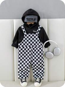 SHEIN 2 件套婴儿男孩/女孩休闲运动风格宽松超大熊图案针织连帽衫和罗纹袖口针织裤套装，适合秋冬季穿着，室内和室外 - 黑色 - 查看 3