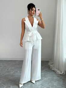 Elenzga Solid Color Sleeveless Top And Straight Leg Pants Suit Set - White - View 1