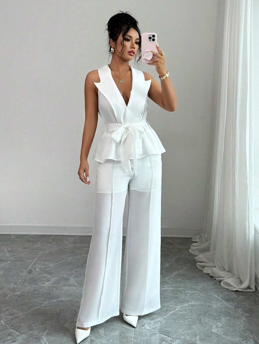 Elenzga Solid Color Sleeveless Top And Straight Leg Pants Suit Set - White - View 1