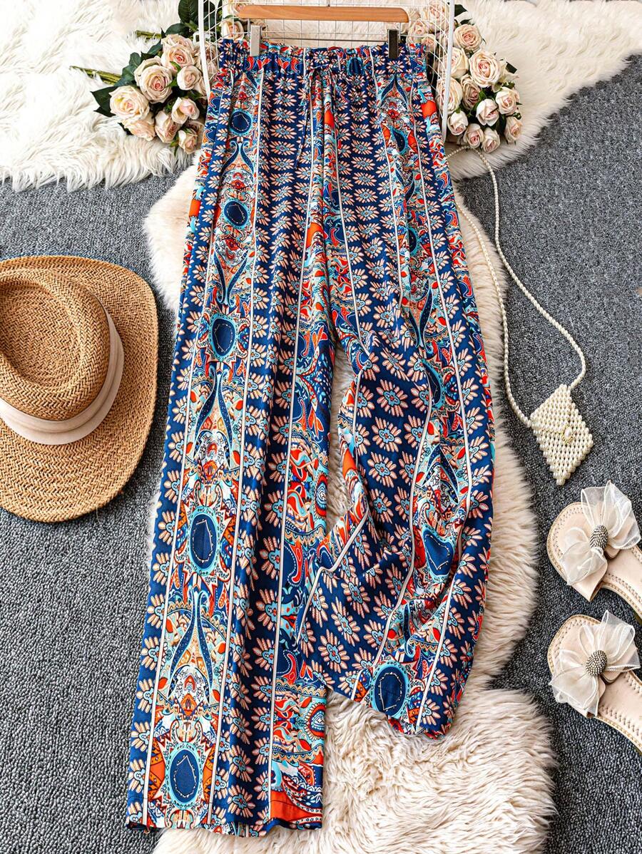 SHEIN LUNE 大码女式梭织印花休闲阔腿裤，多色，春夏假期