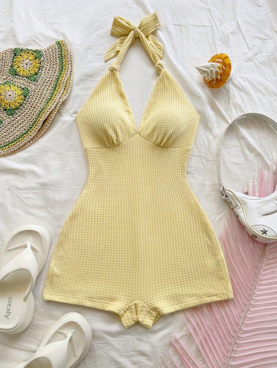Soleia 女式黄色针织纹理网格深 V 领系带腰连体衣，适合度假、派对、情人节约会之夜、室内/室外穿着，波西米亚风格 - 黃色 - 查看 1