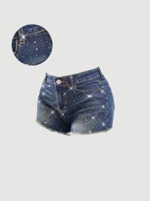 Girlism 千禧年春夏复古水洗低腰斜插口袋破洞水钻牛仔短裤，毛边裤脚，适合夏季海滩波西米亚风度假、夏季音乐会、音乐节、休闲派对、女生夏季早午餐、教堂毕业典礼、街头风、返校季等场合。 - 中等水洗藍 - 查看 1