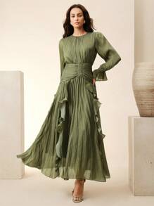 Anewsta 女士长裙，深绿色闪亮面料，褶皱腰身，双荷叶边下摆泡泡袖长袖，优雅百搭连衣裙 - 橄欖綠 - 查看 2