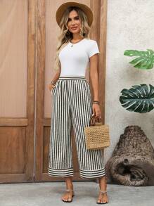 EMERY ROSE 女士休闲条纹印花松紧腰宽松阔腿裤夏季女式宽松裤