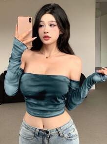 DAZY Áo thun nữ tay dài hở vai lưới nhuộm loang màu thời trang mùa hè - Xám - Xem 6