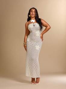 SHEIN BAE فستان سويتر طويل كاجوال مزين بزهور ثلاثية الأبعاد للنساء البدينات، ملابس عيد الحب، فساتين للنساء للعطلات، ملابس صيفية للنساء، ملابس شاطئية للمرأة، فستان عيد الحب، فستان صيفي، فستان سويتر، فساتين ماكسي للنساء، فساتين شاطئية للنساء