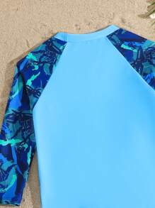 Young Boy Mandarin Collar Printed Round Neck Long Sleeve Rash Guard And Shorts Swimwear Set - Multicolor - View 4