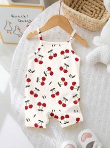 SHEIN Bộ áo liền quần Happikins in hình quả anh đào dễ thương, "Cherry Girl", thích hợp cho bé gái mùa xuân và hè, những kỳ nghỉ thư giãn, những ngày cuối tuần ở bãi biển, trang phục mùa hè dễ thương cho bé gái, phong cách Hàn Quốc, thời trang đi biển, đồ dã ngoại mùa hè. - Nhiều màu - Xem 2