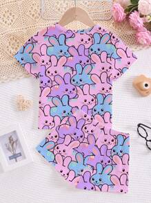 Tween Girl Purple Summer Cute Cartoon Colorful Rabbit Print Crew Neck Short Sleeve T-Shirt & Shorts Pajama Set,Princess Chic Sleep Home Refresh Sets - Multicolor - View 3