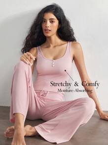 Ocili 休闲女士舒适简约无袖裤和贝壳纽扣上衣睡衣套装，淡粉色家居服假日季节服装 - 粉色 - 查看 1