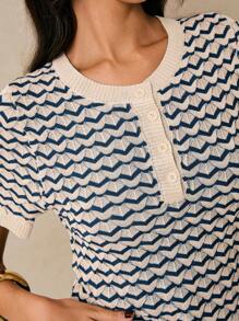 Poéselle Women All-Over Print Button Decor Round Neck Short Sleeve Knit Top, Summer Fall Tops,Knitted Sweater - Multicolor - View 6