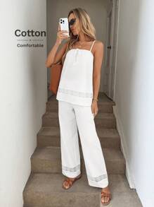 Easowa Casual Old Money Style Women Airport Outfit For Women 2pcs/Set Women Lace Patchwork Cotton Cami Top And Pants Set, Spring/Summer Boho Women Clothing