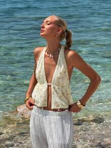 SHEIN ICON Sexy Elegant New Halter Tie-Up Beaded Embroidery Backless Camisole - Apricot - View 1