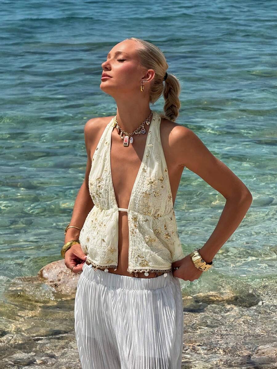 SHEIN ICON Sexy Elegant New Halter Tie-Up Beaded Embroidery Backless Camisole - Apricot - View 1