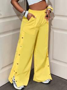 BamGleam Women's Solid Color Elastic Waist Button Design Split Wide Leg Pants Fall Cloth For Women - Yellow - View 4
