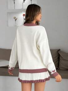 EURMUSE 奶油色和柔棕色心形针织上衣和褶皱迷你裙套装 - 米色 - 查看 3