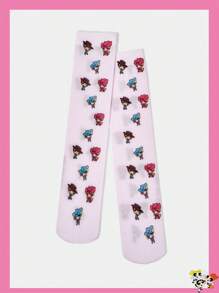 THE POWERPUFF GIRLS X SHEIN 1 双女式可爱牛仔卡通图案欧根纱中筒袜，粉色