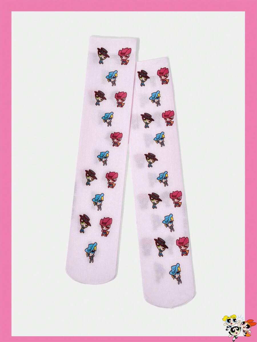 THE POWERPUFF GIRLS X SHEIN 1 双女式可爱牛仔卡通图案欧根纱中筒袜，粉色