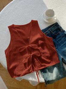 Comfortcana Áo sơ mi không tay buộc dây phía trước màu trơn đơn giản dành cho nữ - màu nâu - Xem 4