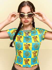 SCOOBY-DOO X SHEIN 女士紧身短款T恤，格子图案，狗狗图案，卡通图案，休闲，夏季