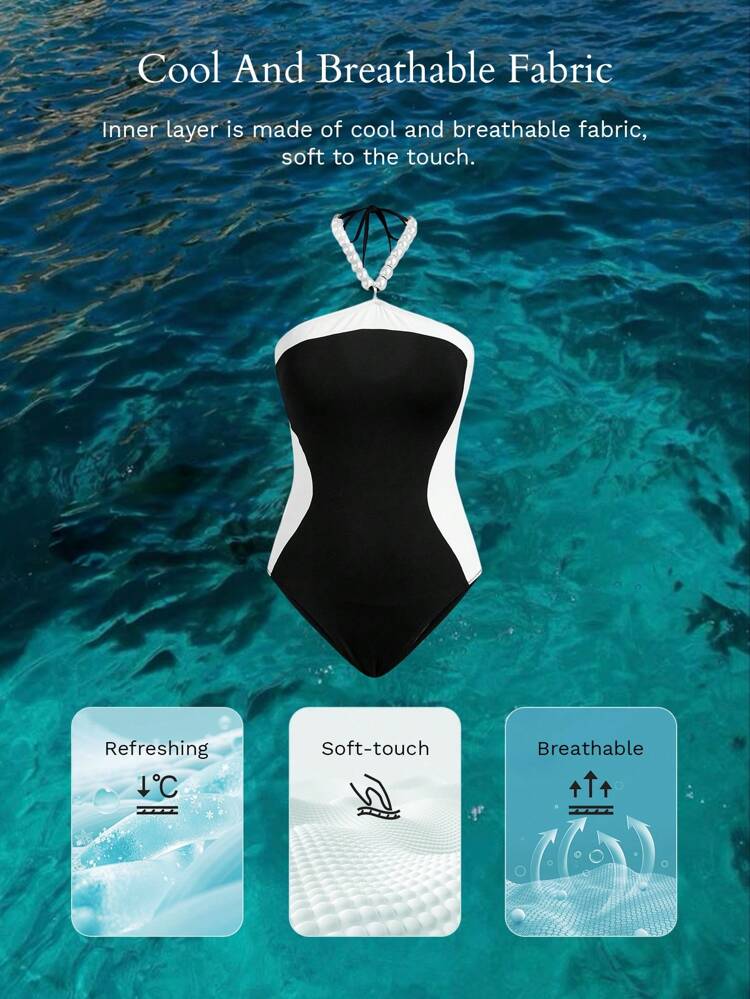 FAUX PEARL DETAIL CUT OUT ONE-PIECE SWIMSUIT FOR SUMMER BEACH VACATION