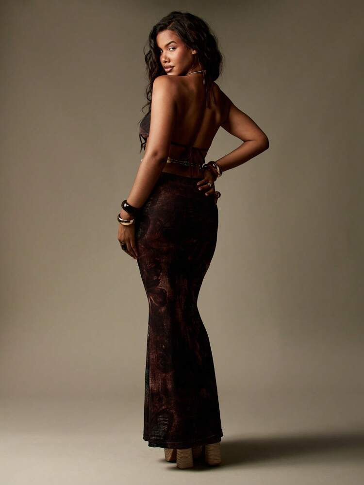 MISSGUIDED Mesh Cut Out Maxi Dress Deep Plunge Neckline Butterfly Abstract Print Crystal Belt Evening Gown Formal Wear Party Dress Custom Fit