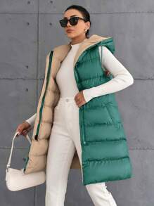 EURMUSE Petite Size Zip Up Drawstring Hooded Puffer Vest Coat - Green - View 1