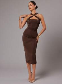 Silquee Đầm midi xếp ly ôm vừa vặn thanh lịch không tay cho nữ - màu nâu - Xem 4