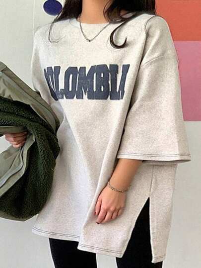 Dazy Plus 大码女式宽松字母印花圆领短袖长款T恤柔软图案T恤